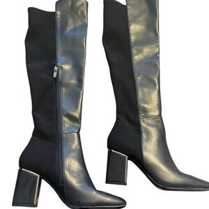 DKNY Black Leather Knee-High Block Heel Boots | Size 6.5